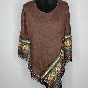 Multiple Brand Brown Fringed Aztec Design Poncho Size L. #496